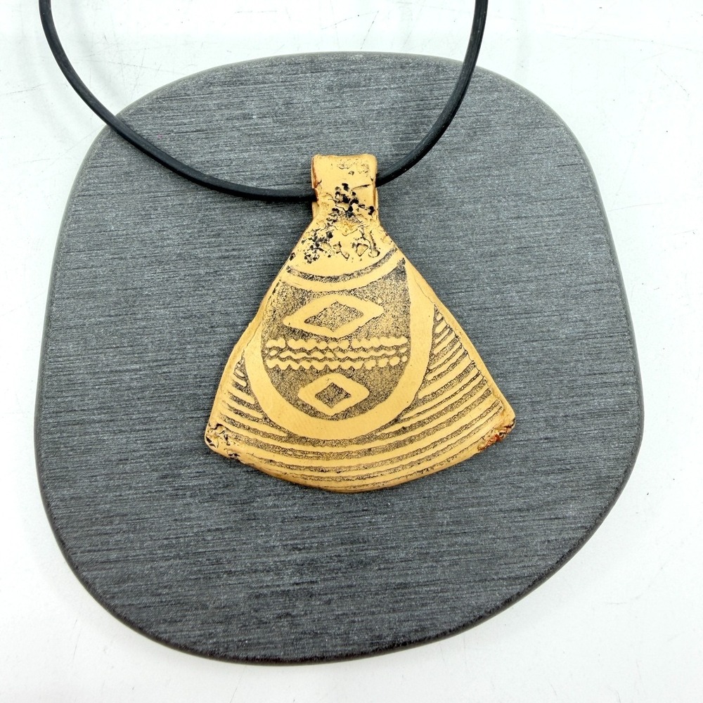 Handcrafted Tribal Geometric Ceramic Pendant Necklace Black Cord Boho Statement